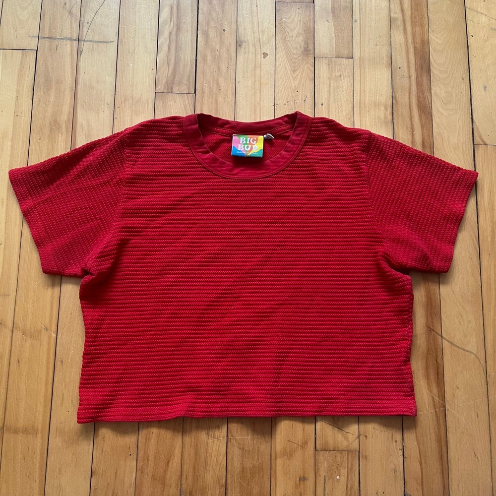Big Bud Press Red Thermal Crop Top Short Sleeve Textured Cotton Made in LA S